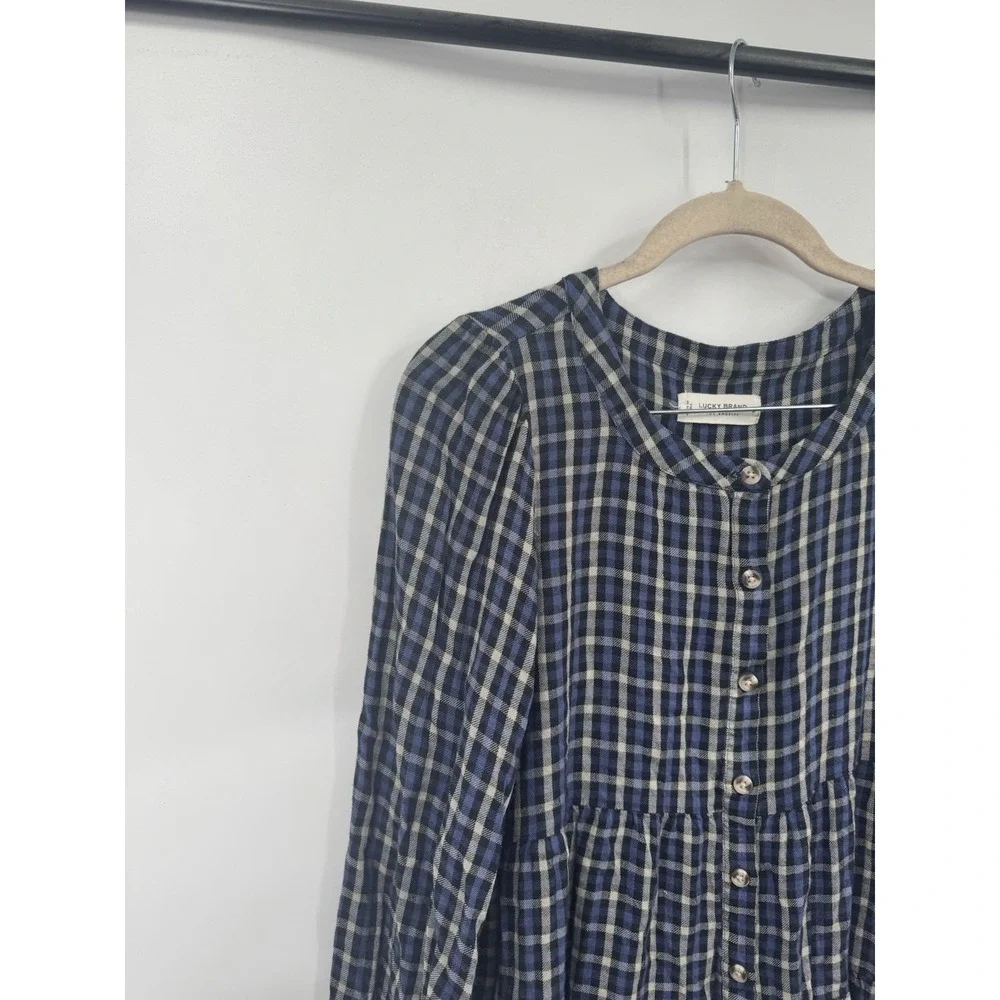 Lucky Brand Women's Size Medium Blue Plaid Button Up Tiered Peplum Tunic Western